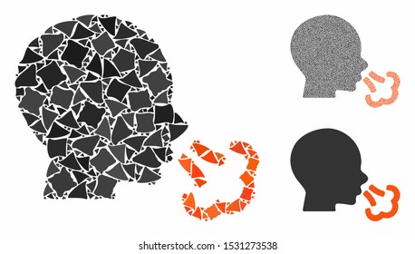 Sneezing composition of uneven items in different sizes and color tints, based on sneezing icon. Vector uneven pieces are organized into composition. Sneezing icons collage with dotted pattern.