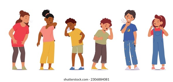 Sneezing And Coughing Kids. Characters with Infection Illness Symptoms, Such As Cold Or Flu, Allergies, Or Irritants. Children Spread Viruses and Bacteria. Cartoon People Vector Illustration