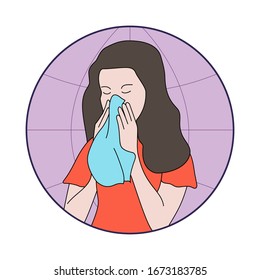 Sneezing, coughing right, cover face woman character with high body temperature, medical tips how to Sneeze Properly and prevent Virus 
Infection, Cartoon Vector isolated on white background