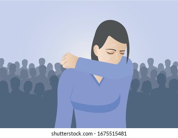 Sneezing In Elbow Coughing As Allergy From Air Pollution Tuck Her Elbow And Arm To Cover Her Mouth To Reduce The Number Of Virus Germs To Spread From Cough When Sick  In A Crowed Vector Illustration 