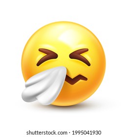 Sneezing emoji. Allergy emoticon with a handkerchief, sneeze 3D stylized vector icon