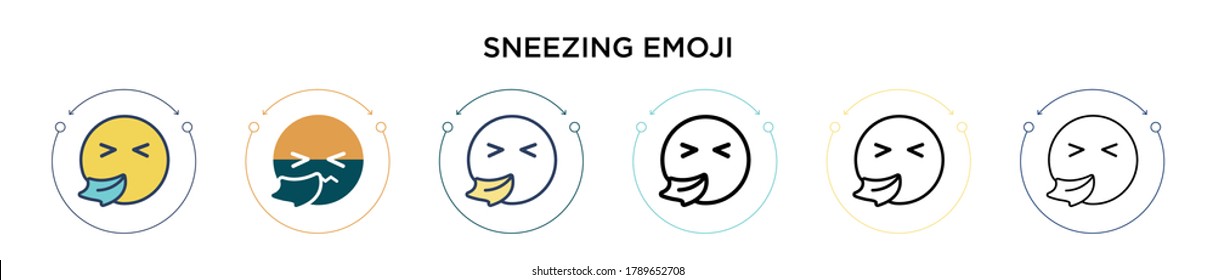 Sneezing emoji icon in filled, thin line, outline and stroke style. Vector illustration of two colored and black sneezing emoji vector icons designs can be used for mobile, ui, web