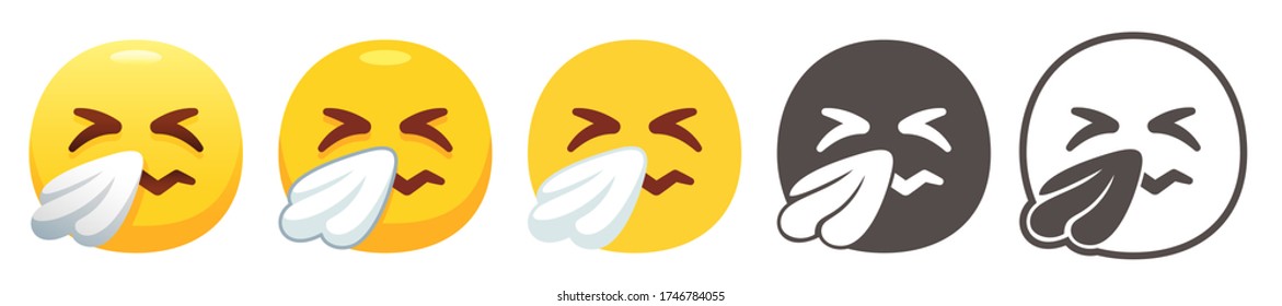 Sneezing emoji. Yellow face with scrunched eyes, blowing nose into white tissue