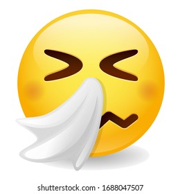 Sneezing face emoji with tissue. Face emoticon allergies. Vector design illustration. Virus flu disease icon. 