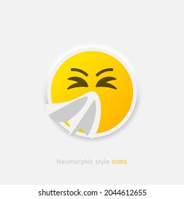 Sneezing face emoji with tissue vector icon. Face emoticon allergies. Virus flu disease symbol in neumorphic style Vector EPS 10