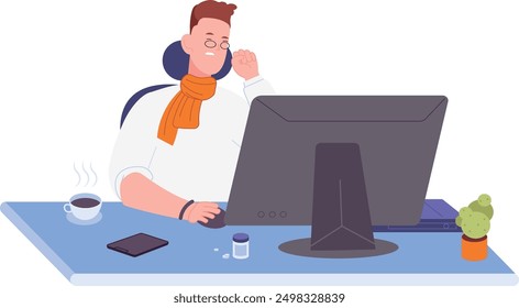 Sneezing freelancer working at computer. Worker with flu or cold isolated on white background