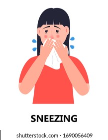 Sneezing girl icon vector. Flu, cold, coronavirus symptom is shown. Woman sneeze in hands taking wipe. Infected person illustration. Respiratory disease concept.