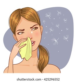 Sneezing in handkerchief woman because of allergy, vector image