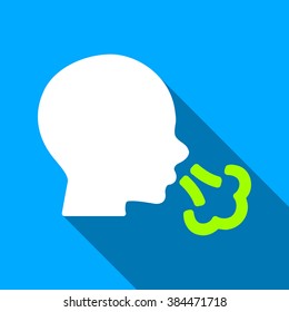 Sneezing Head long shadow vector icon. Style is a flat light symbol with rounded angles on a blue square background.