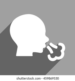 Sneezing Head long shadow vector icon. Style is a flat sneezing head white iconic symbol on a gray square background.