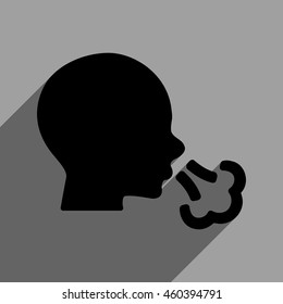 Sneezing Head long shadow vector icon. Style is a flat sneezing head black iconic symbol on a gray square background with longshadow.