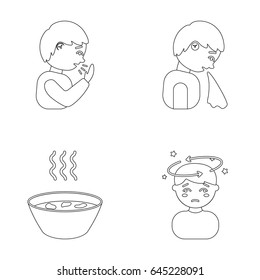 A sneezing man, a boy with a handkerchief, a patient with a headache, a hot broth, a drink in a plate, a cup.Sick set collection icons in outline style vector symbol stock illustration web.