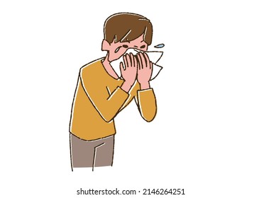 Sneezing man, comical handwritten person, vector, line art and color
