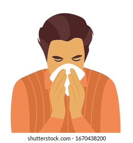 Sneezing man concept vector illustration on white background. A man in orange shirt sneezing in handkerchief. Sick man sneeze. Season allergy.