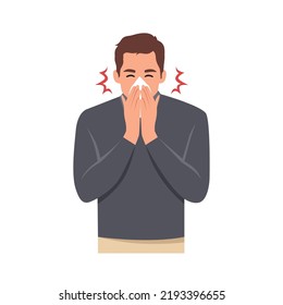 Sneezing man concept vector illustration on white background. A man in blue shirt sneezing in handkerchief. Sick man sneeze. Season allergy.