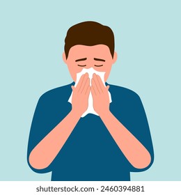 Sneezing man concept vector illustration. A Man sneezing in handkerchief. Sick man sneeze. Flu or season allergy.