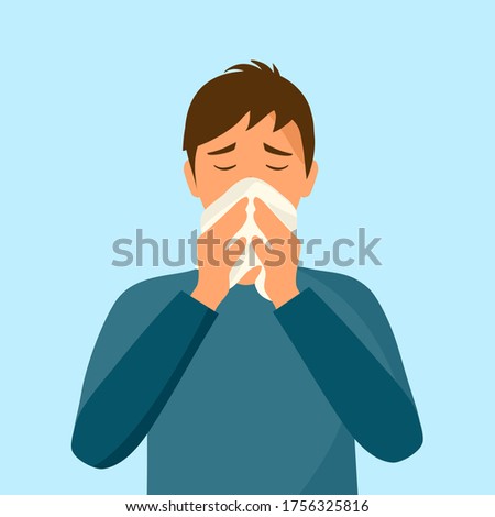Sneezing man concept vector illustration on white background. A man in dark blue t-shirt sneezing in handkerchief. Sick man sneeze. Season allergy. Covid-19 coronavirus pandemic influenza infection.