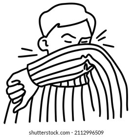 Sneezing man in elbow arm. Sketch sneeze and cough Doodle line vector illustration. 