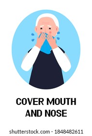 Un vector de icono de estornudar. Se muestra un síntoma de gripe, frío y coronavirus. Hombre mayor estornuda en las manos limpiándose. Ilustración de persona infectada. Concepto de enfermedad respiratoria. Cubra la boca y la nariz.