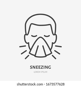 Sneezing man line icon, vector pictogram of flu or cold symptom. Man covering cough with napkin illustration, sign for medical poster.