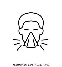 Icono de línea humana estornudando, pictograma vectorial de gripe o síntoma frío