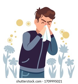 Sneezing man. Spring allergy, symptom sickness runny, itchy and sneeze, cough and lacrimation, healthcare chronicity problems flat vector concept