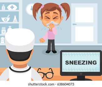 Sneezing medical concept. Vector illustration. Doctor and patient are talking in the hospital. Isolated on white background.