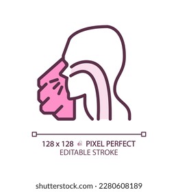 Sneezing pixel perfect RGB color linear icon. Infectious respiratory disease. Virus spreading prevention. Sick patient. Thin line illustration. Contour symbol. Vector outline drawing. Editable stroke