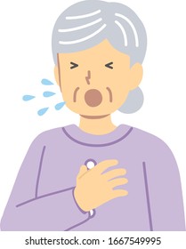 Sneezing senior woman in purple clothes