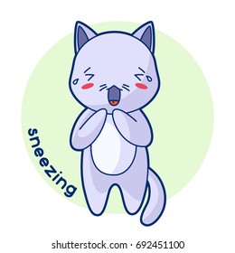 Sneezing sick cute kitten. Illustration of kawaii cat.