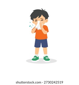 Niño enfermo de estornudos con tejido - Ilustración vectorial de diseño plano