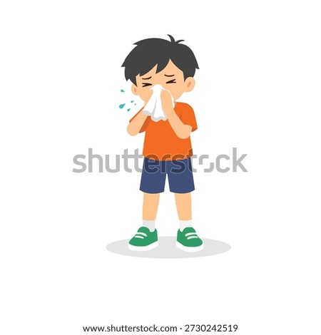 Sneezing Sick Little Boy with Tissue – Flat Design Vector Illustration