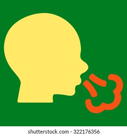 Sneezing vector icon. Style is bicolor flat symbol, orange and yellow colors, rounded angles, green background.