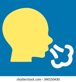 Sneezing vector icon. Style is bicolor flat symbol, yellow and white colors, rounded angles, blue background.