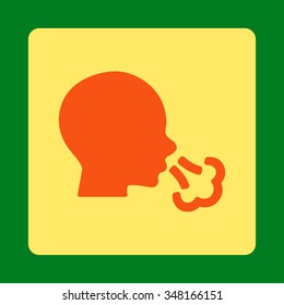 Sneezing vector icon. Style is flat rounded square button, orange and yellow colors, green background.