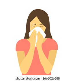 Sneezing woman concept vector illustration on white background. A woman in pink dress sneezing in handkerchief. Sick woman sneeze. Season allergy.