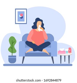 Sneezing woman concept vector illustration on white background. Sick woman sitting on armchair and sneeze in handkerchief. A woman sneeze. Season allergy.