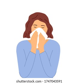 Sneezing woman concept vector illustration on white background. A woman in blue dress sneezing in handkerchief. Sick woman infected by Covid-19 coronavirus disease. Season allergy.