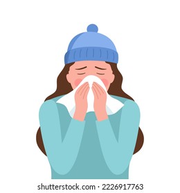 Sneezing woman concept vector illustration on white background. Sick woman sneezing in handkerchief during winter. Season allergy.