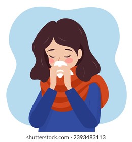 Sneezing woman concept vector illustration. A woman sneezing in handkerchief. Sick woman sneeze. Season allergy.