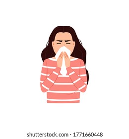 Sneezing woman covers mouth and nose with tissue on white background. Cough, sneeze into a handkerchief concept Good respiratory hygiene icon Flu virus cold allergy symptom Medical vector illustration