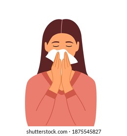 Sneezing woman on white background. A woman in pink dress sneezing in handkerchief. Sick woman sneeze. Season allergy. Covid19 coronavirus outbreak.
