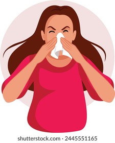 
Sneezing Woman Suffering a Cold or Allergy Attack Vector Illustration. Ill adult having an asthma reaction in allergic season 
