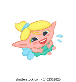 Snickering elf fairy with wings. Cute laughing blond girl sorceress in dress vector fantastic character isolated cartoon illustration.