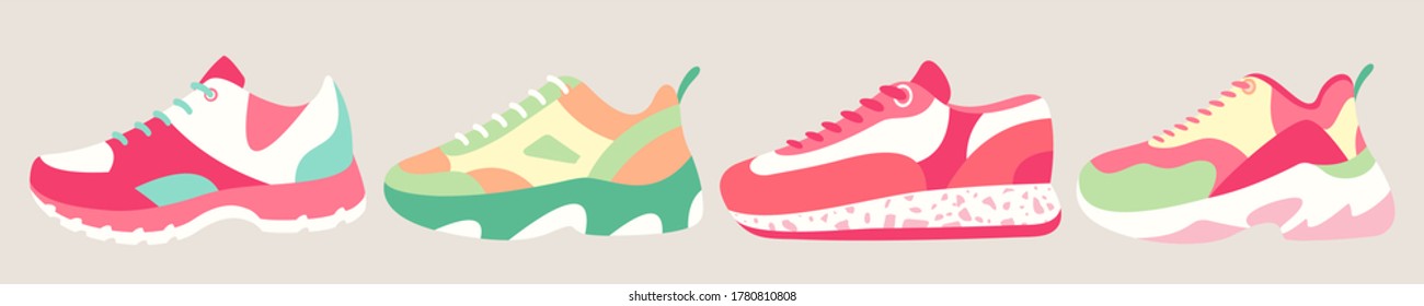 Snickers calza la ilustración vectorial. Caricatura fitness plana zapatillas de tenis para entrenamiento deportivo en gimnasia, correr, aventura al aire libre, zapato casual de calzado para el pie hombre y mujer. Colección de piropos de moda