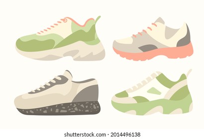 Snickers shoes vector illustration, cartoon flat collection of man woman fashion footwear in different colors, sneakers shoes for fitness sport activity