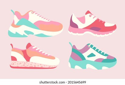 Snickers shoes vector illustration. Cartoon flat collection of man woman fashion footwear in different colors, sneakers shoes for fitness sport activity, casual fashionable footgear isolated on white.