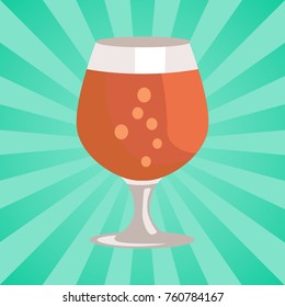 Snifter glass of beer in transparent glassware on abstract background with rays vector. Dark alcohol beverage, symbol of Oktoberfest in cartoon style