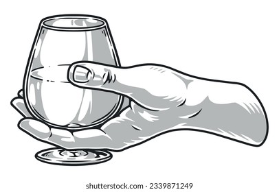 Snifter in hand element monochrome with brandy or cognac for decorating in restaurant menu with alcohol drink options vector illustration