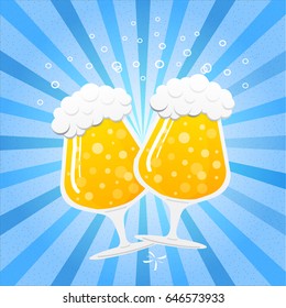 Snifter - mugs of beer on blue retro background. Vector illustration.